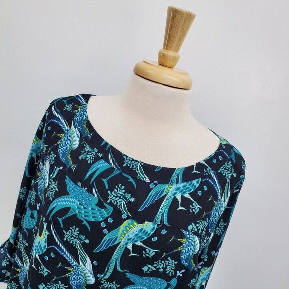 Ann Taylor LOFT Womens Peacock Tunic Top Size L Blue Roll Tab Sleeve Birds - Picture 5 of 13